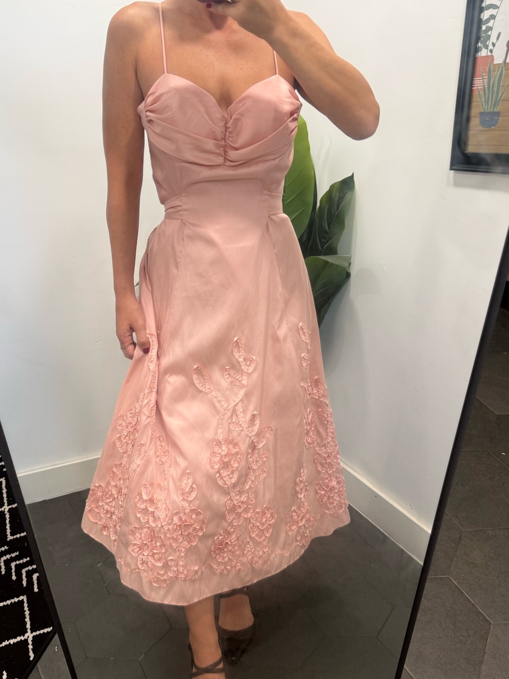 Onyx Nite Blush Pink Spaghetti-Strap Midi Dress with Waist Sash